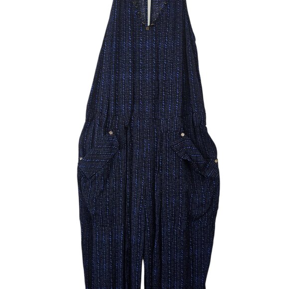 Marciano Blue Pinstriped Halter-neck Jumpsuit Deep V-neck Pockets Size Small - Picture 3 of 9